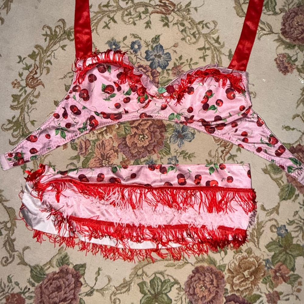 Cherry Print Lingerie Set with Red Fringe
